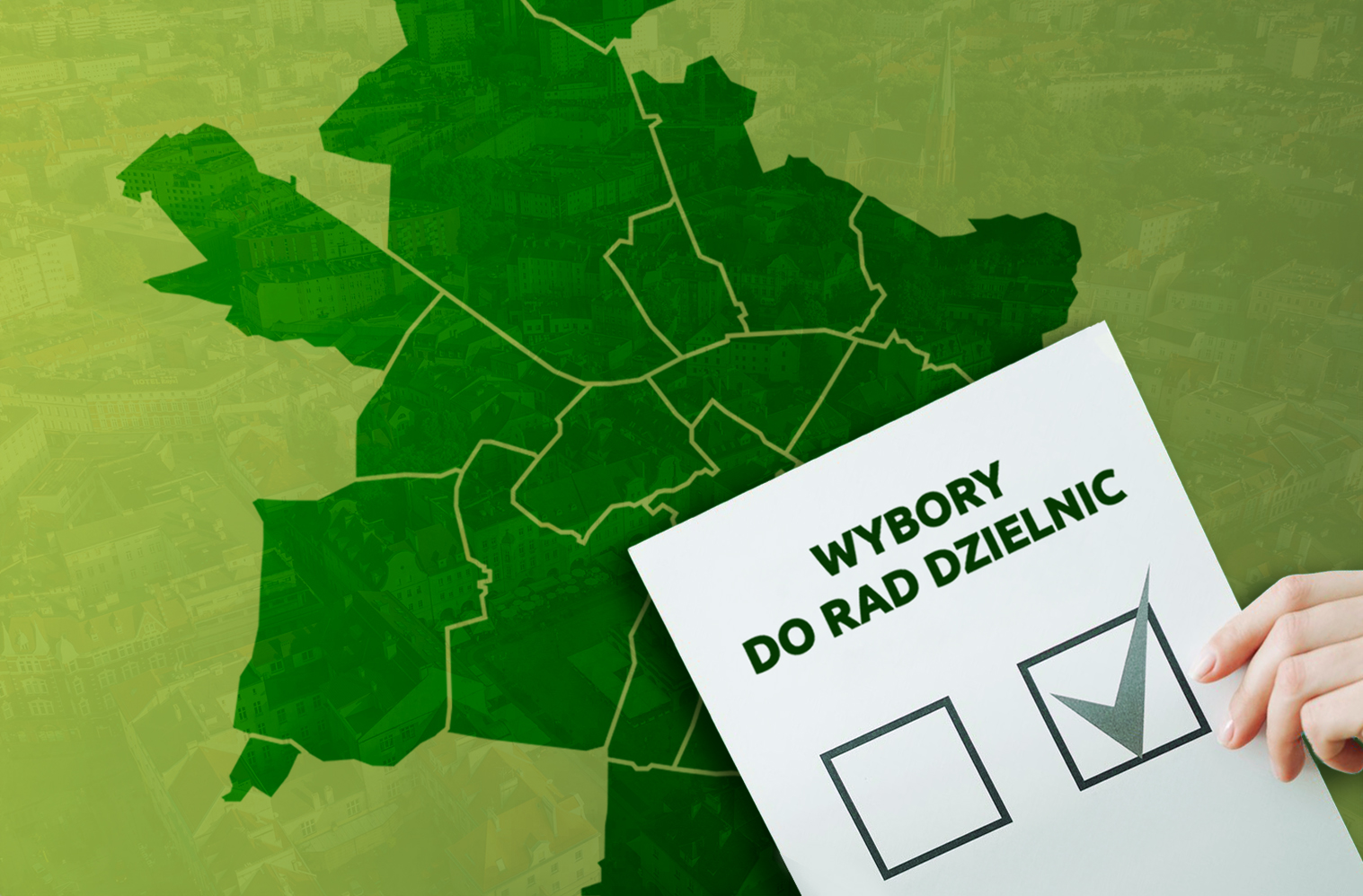 Mapa Gliwic z podziałem na dzielnice i kartka z napisem wybory do rad dzielnic