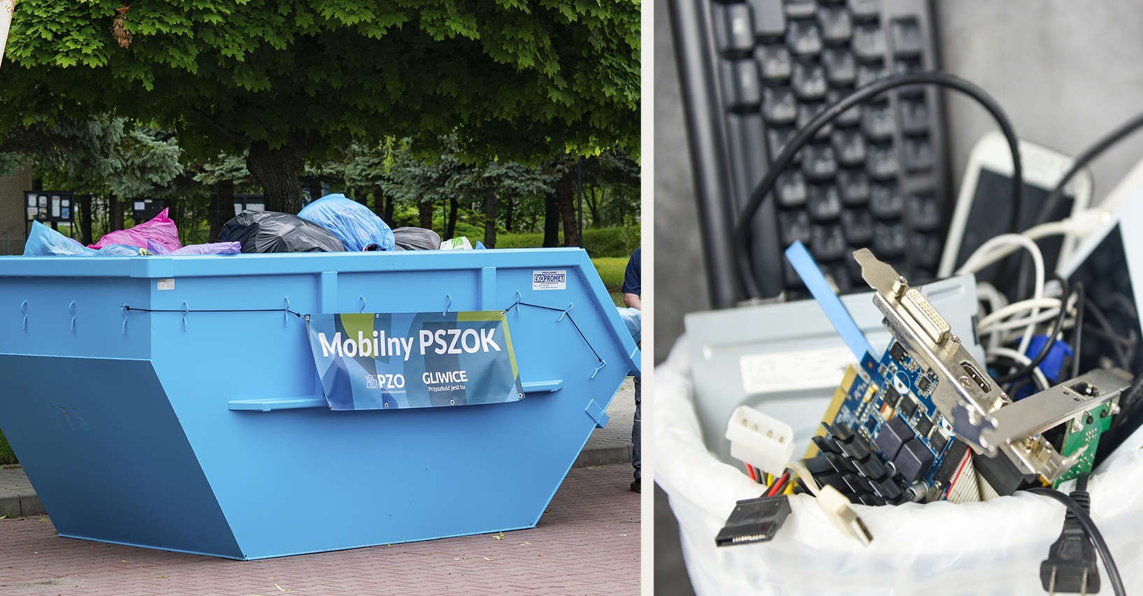 Zdjęcie kontenera z workami odpadów tekstylnych i koszyka z elektroodpadami: kablami, klawiaturą komputerową