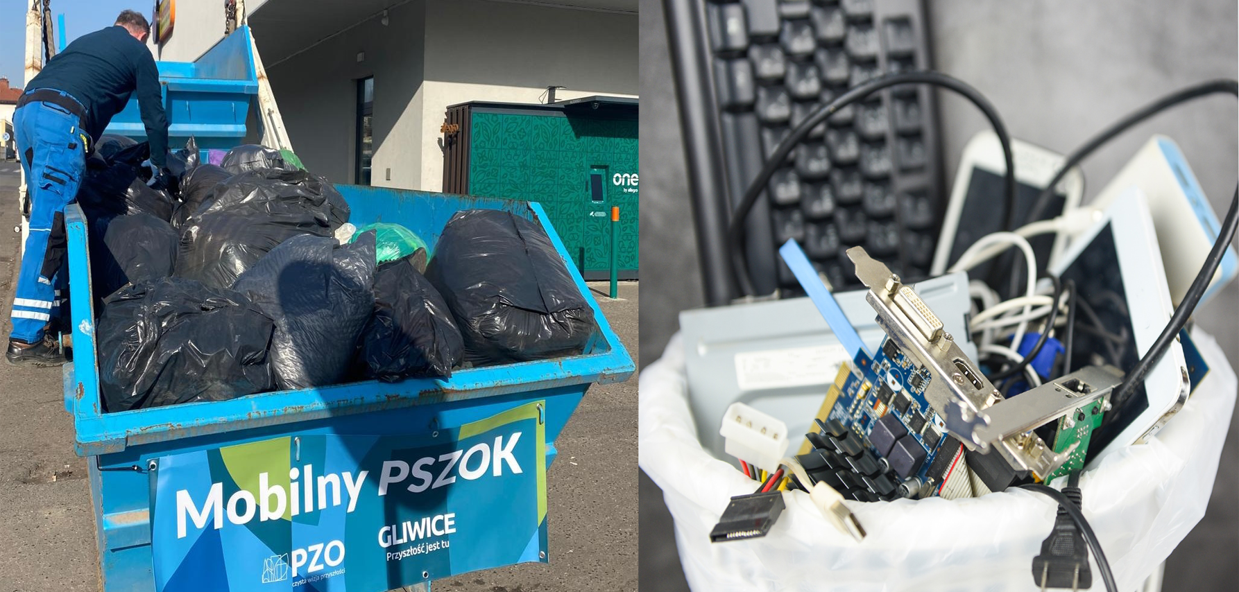 kolaż zdjęć tekstyliów i elektroodpadów