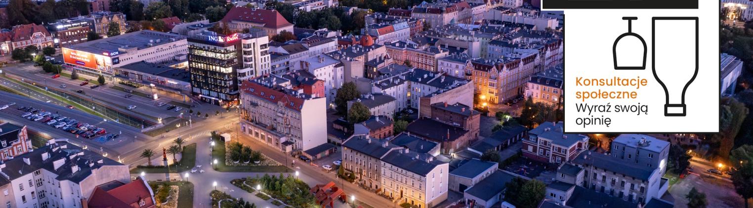 Gliwice nocą, ujęcie z lotu ptaka plus grafika z kieliszkiem