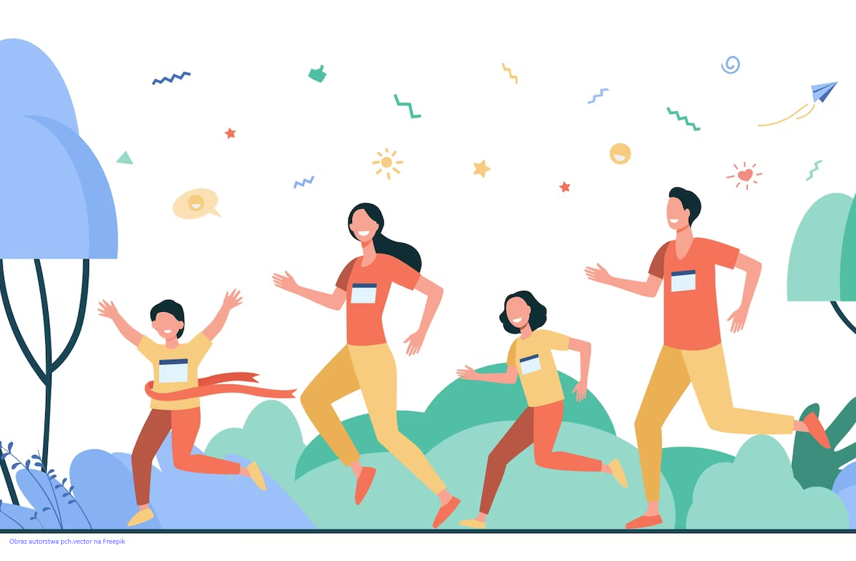 Rysynek ilustracyjny. Przedstawia rodzinę biorącą udział w zawodach biegowych w parku.