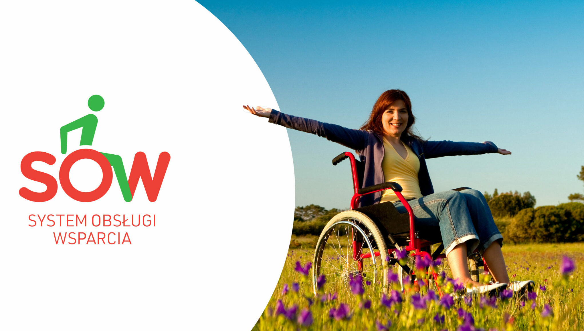 Logo Systemu Obsługi Wsparcia połączone ze zdjęciem kobiety na wózku inwalidzkim na łące pełnej kwiatów