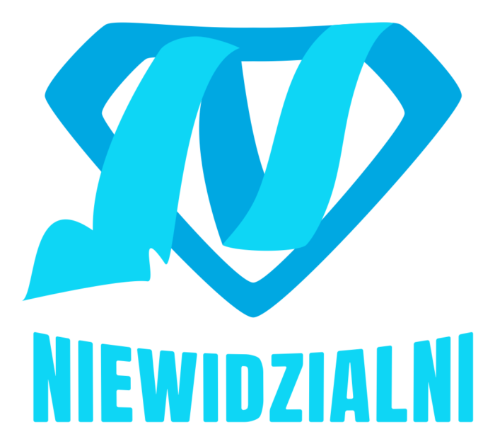 Logo projektu "(Nie)widzialni" - emblemat, z którego mogą korzystać osoby z niewidoczną niepełnosprawnością. Przedstawia niebieską wstęgę podpisaną słowem NIEWIDZIALNI