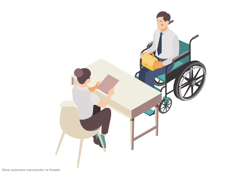 Ilustracja rozmowy o pracę. Przy biurku siedzi kobieta i przegląda plik dokumentów. Po drugiej stronie elegancko ubrany mężczyzna na wózku inwalidzkim z teczką na kolanach.