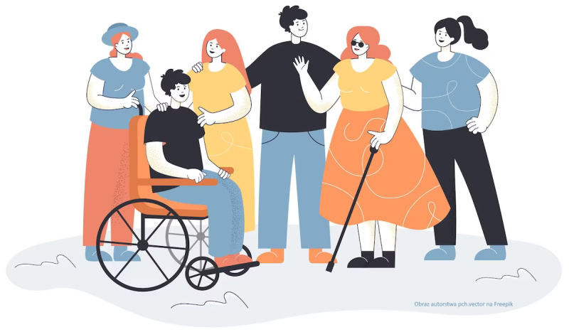 Ilustracja przedstawiająca sześć osób - w tym jedna porusza się na wózku inwalidzkim, a jedna jest niewidoma - ma laskę i ciemne okulary. Wszyscy są blisko siebie, trzymają dłonie na swoich ramionach, co wskazuje na dobre relacje.