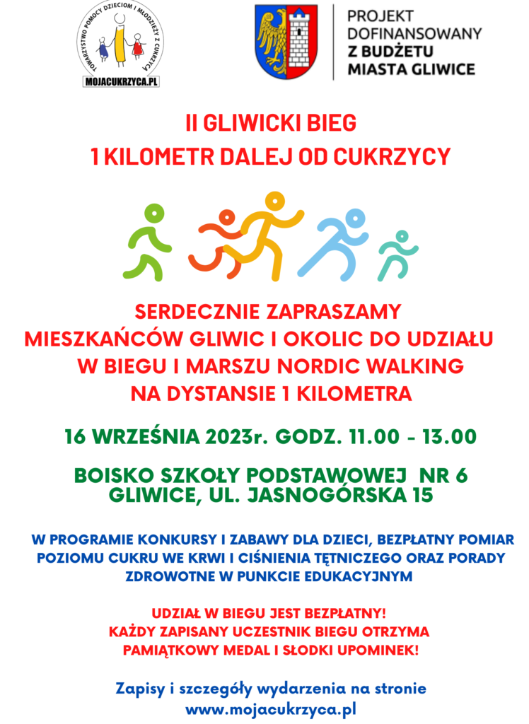 Plakat zaproszenie na bieg, sylwetki biegnących ludzi