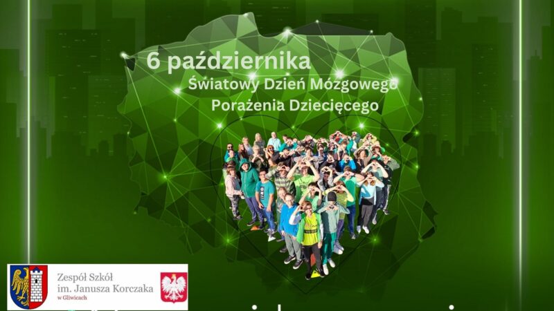 Na zielonym tle z zaznaczonym konturem Polski wklejone zdjęcie z grupą uczniów i nauczycieli ubranych na zielono.