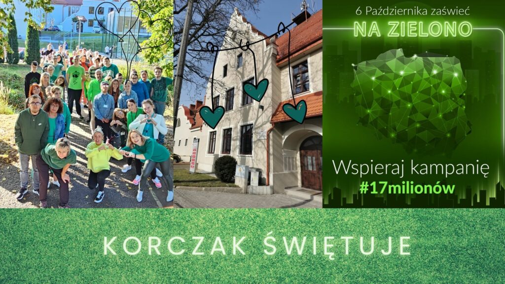 Kolaż złożony ze zdjęcia uczniów i nauczycieli ubranych na zielono, zdjęcia budynku szkoły i plakatu kampanii #17milionów, który jest cały w odcieniach zieleni i przedstawia kontur Polski na tle zarysu miasta.