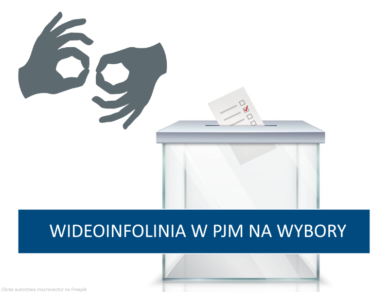 Urna wyborcza z wpadającą do niej kartą, a obok symbol języka migowego