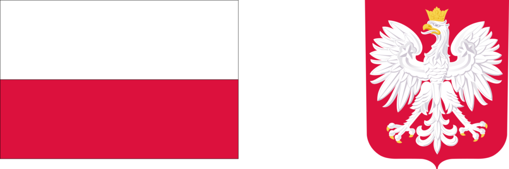 Biało czerwona flaga i godło Polski biały orzeł w koronie na czerwonym tle
