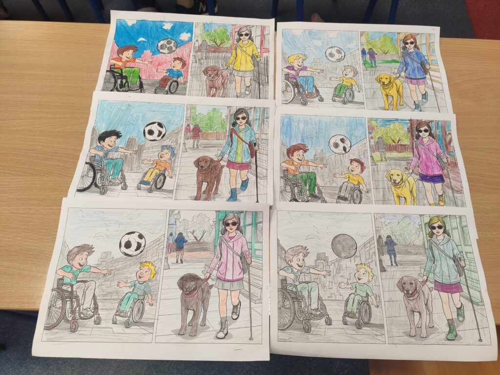 Kolorowanki wykonane przez uczniów przedstawiające dzieci na wózku grające w piłkę oraz osobę niewidomą z laską i psem przewodnikiem