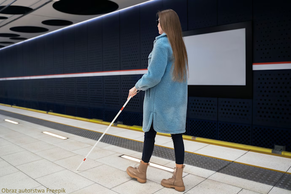 Młoda niewidoma dziewczyna z białą laską na peronie. Jest ubrana w niebieski płaszcz i czarne legginsy. Peron posiada ułatwienia dla osób niewidomych.