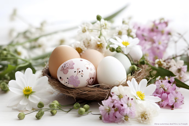 Jajka malowane w kwiaty, białe i naturalne w gniazdku z traw. Wokół białe i fioletowe kwiaty.