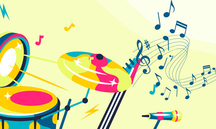 Kolorowe instrumenty muzyczne, mikrofon i nuty