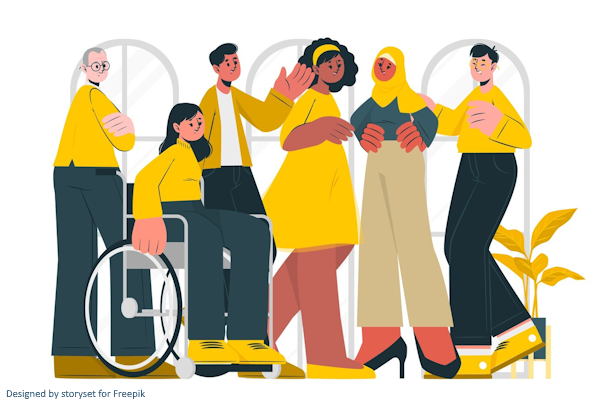 Zróżnicowana grupa ludzi - senior, osoba na wózku, muzułmanka, Azjata, osoby o ciemnym i jasnym kolorze skóry. Wszyscy ubrani w żółte stroje. Rozmawiają ze sobą